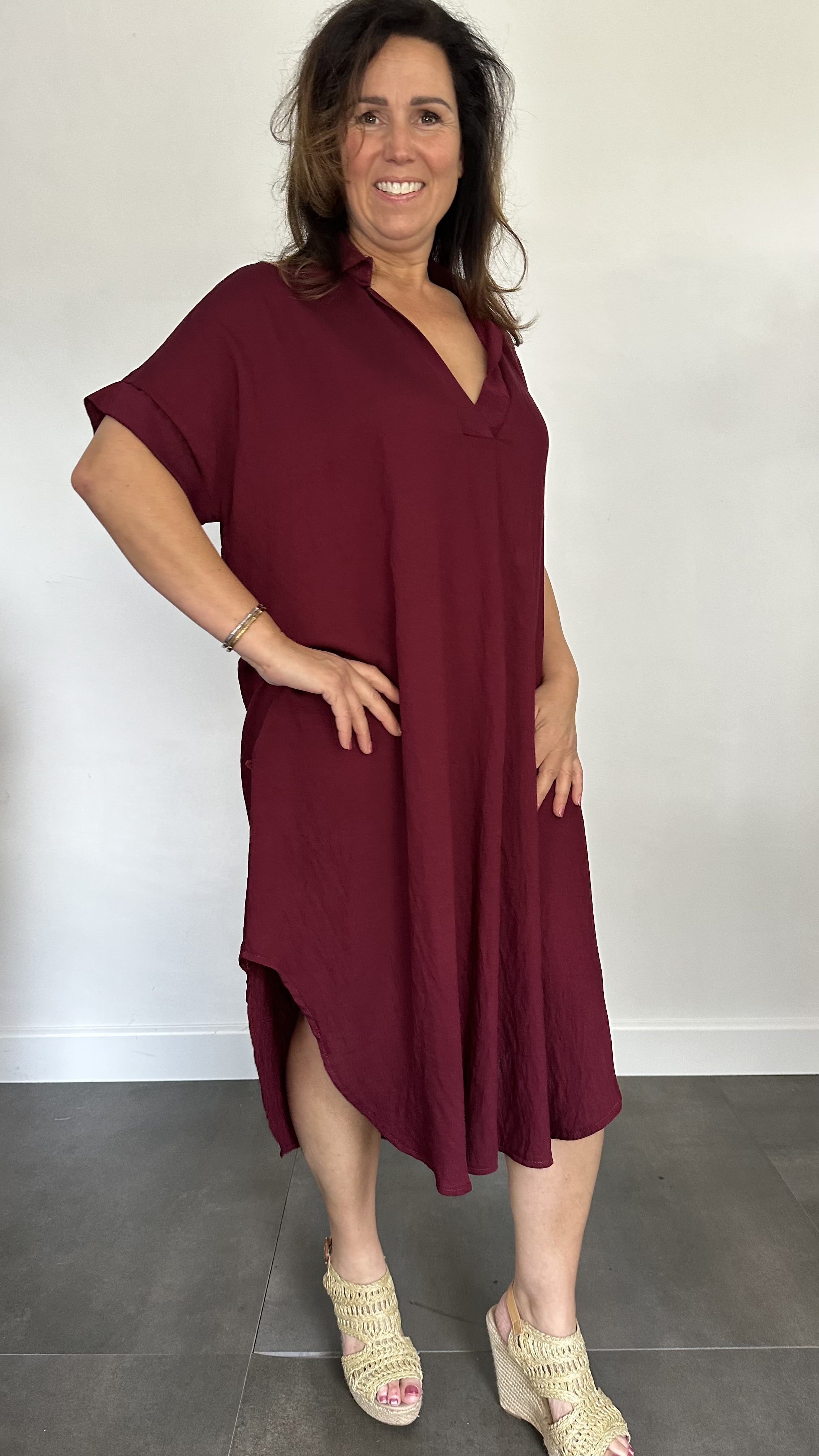 Jurk Leya uni +Size Wijnrood