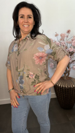 Blouse gebloemd met knoop Taupe