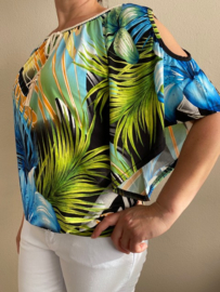 Top open schouder bloem blauw/groen SALE