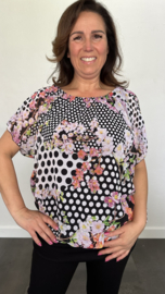Blouse met boord bloesem & stippen roze/zwart