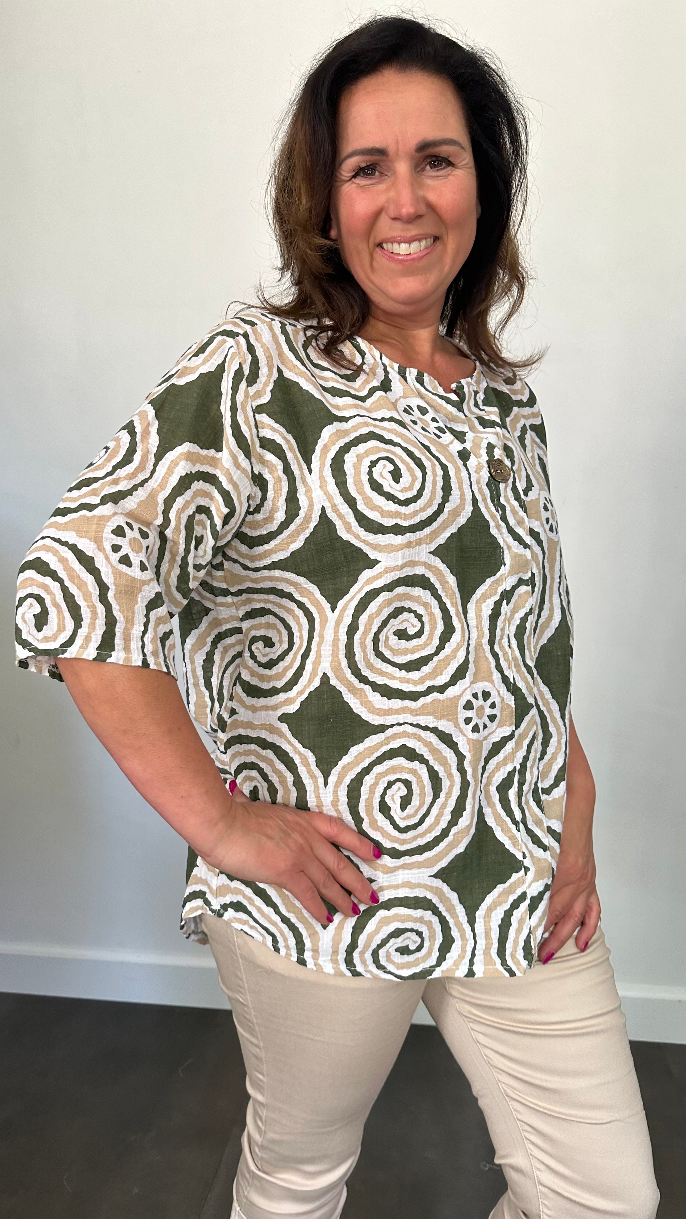 Linnenlook blouse cirkels army