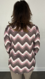 Velvet shirt met v-hals en pofmouw zig zag taupe