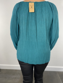 Blouse met open gewerkte mouw petrol groen SALE