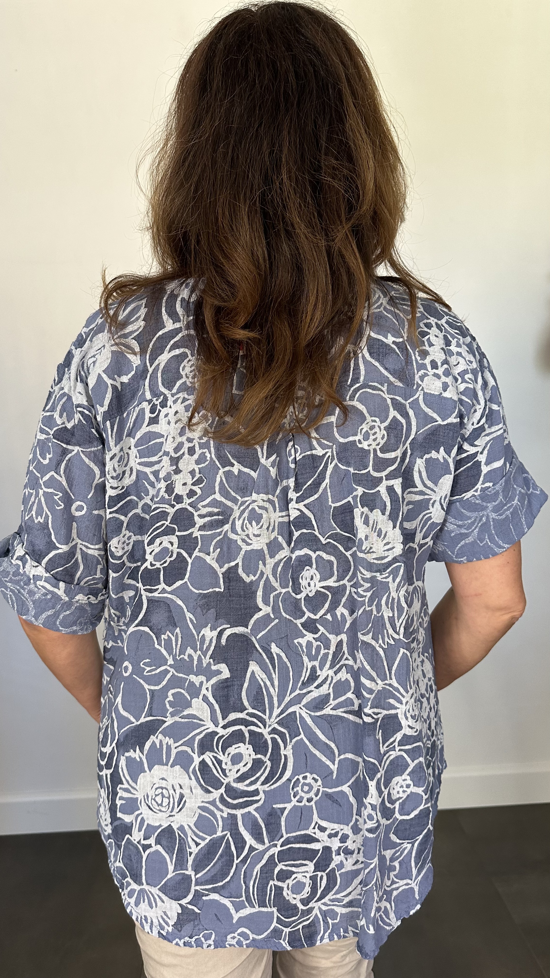 Linnenlook blouse new flower jeans blauw