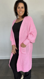 Lang grof gebreid vest met pofmouw pink
