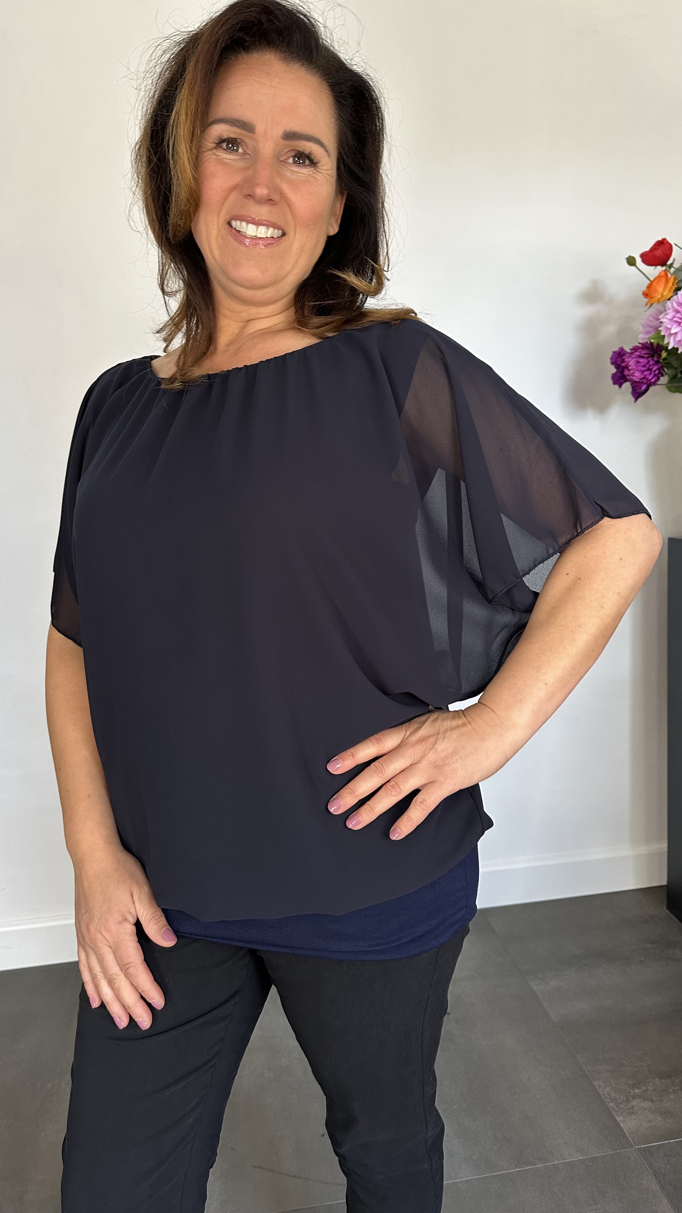 Blouse met boord korte mouw +SIZE marine