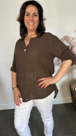 Linnenlook blouse met knoop choco