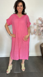 Linnenlook jurk met gehaakt kant Fuchsia
