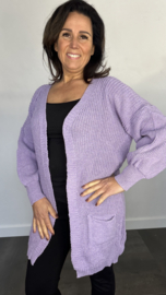 Half lang grof gebreid vest met zakjes lila SALE
