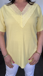 Ribbel shirt met kanten V-hals Geel