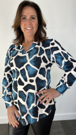 Velvet shirt met v-hals en pofmouw giraffe petrol