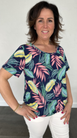 Ballon shirt met elastiek leaves marine (38 t/m 42)