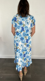 Stretch overslag jurk roos licht blauw