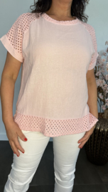 Linnenlook shirt met gehaakt kant Roze