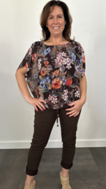 Blouse met boord gebloemd donker bruin