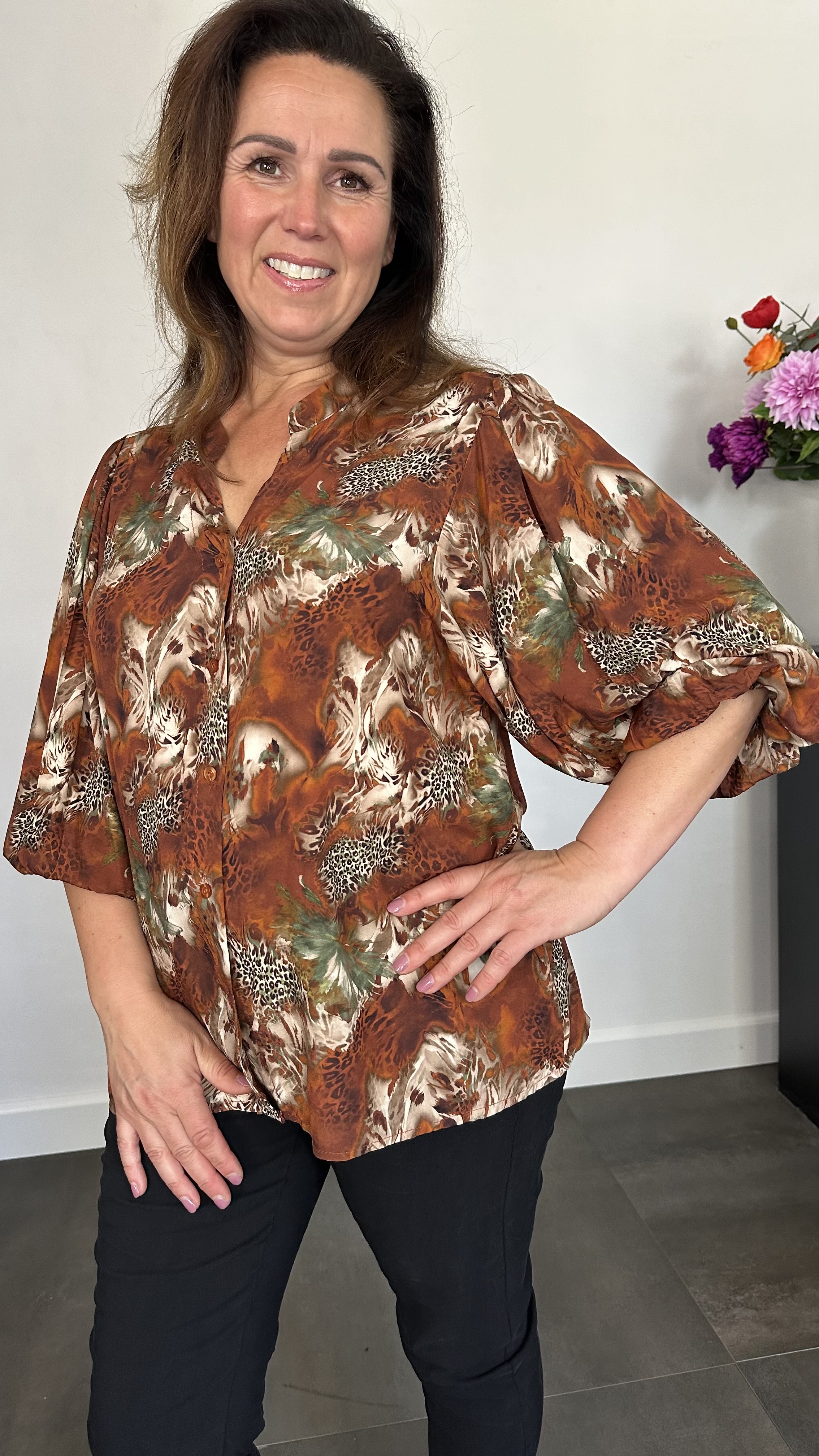 Blouse animal mix met 3/4 pofmouw stone