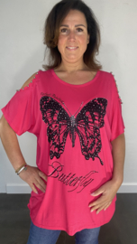 T-shirt vlinder met studs en open schouder fuchsia