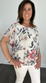 Blouse met boord bloemen ecru/ fuchsia