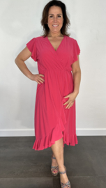 Stretch overslag jurk fuchsia SALE
