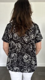 Ballon shirt met elastiek roos zwart/wit (+size)