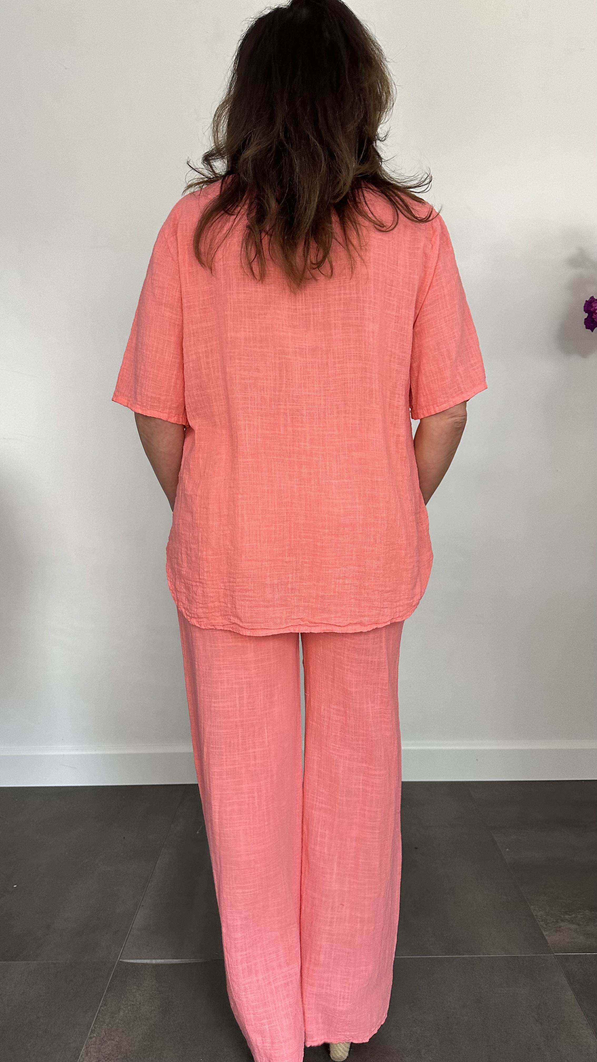 2-Delig linnenlook pak koraal