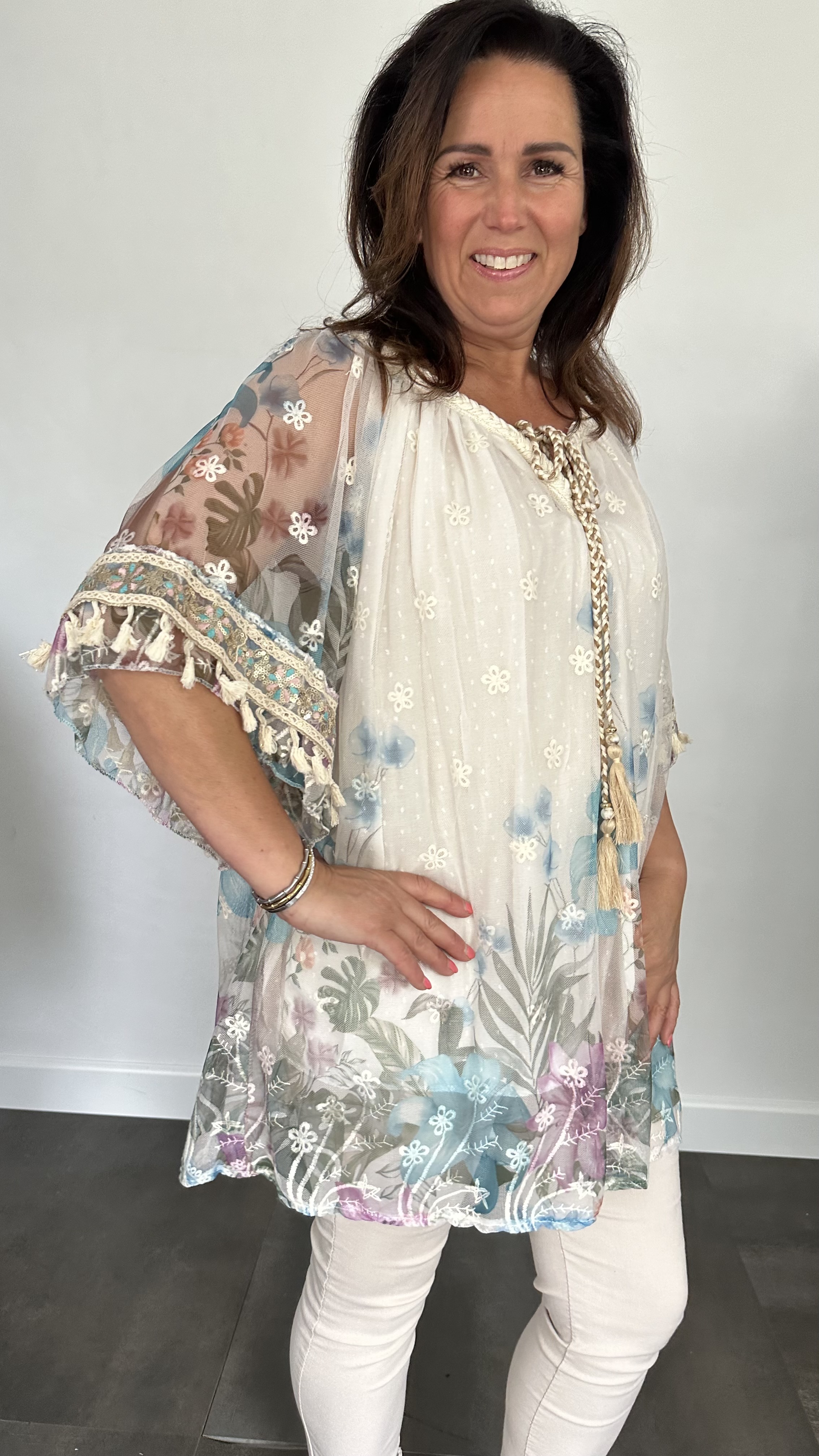 Tule tuniek met bloemen print +SIZE turquoise