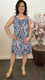 Jurkje met V-hals Flowers jeans/wit