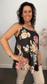 Plisse top gebloemd met spaghettibandjes Zwart