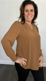 Crepe blouse met v-hals en pofmouw cognac