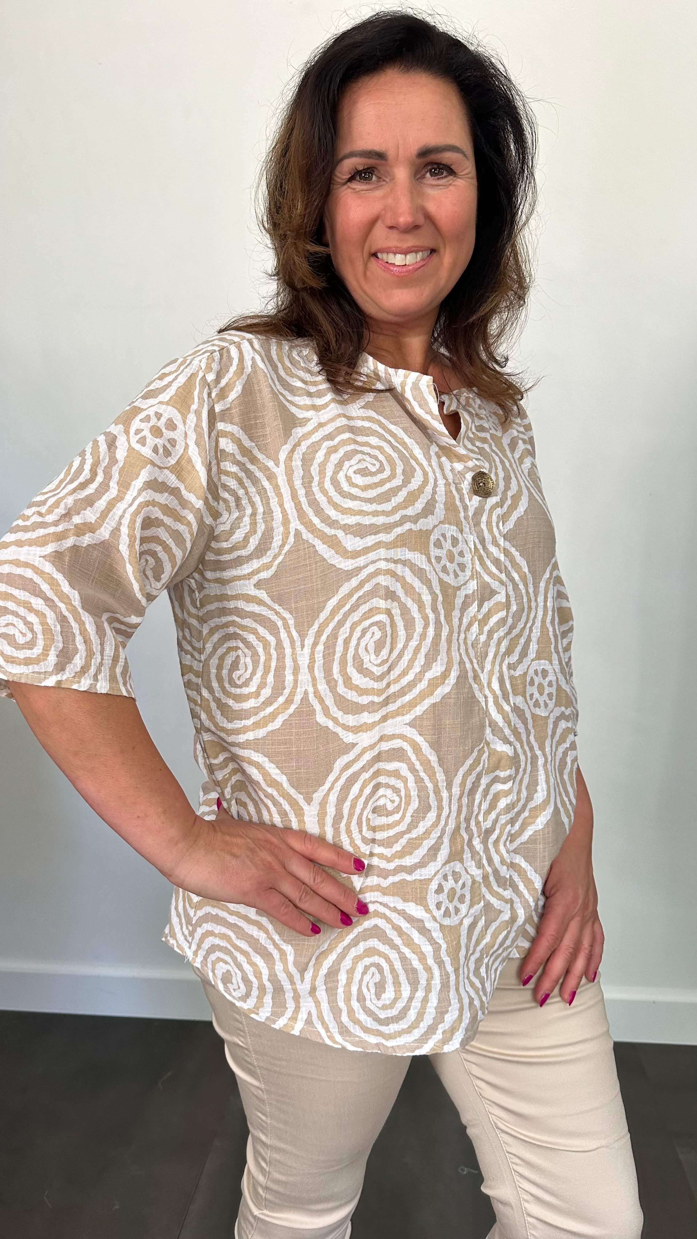 Linnenlook blouse cirkels zand