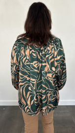 Satijnen blouse met pofmouw flower waves groen