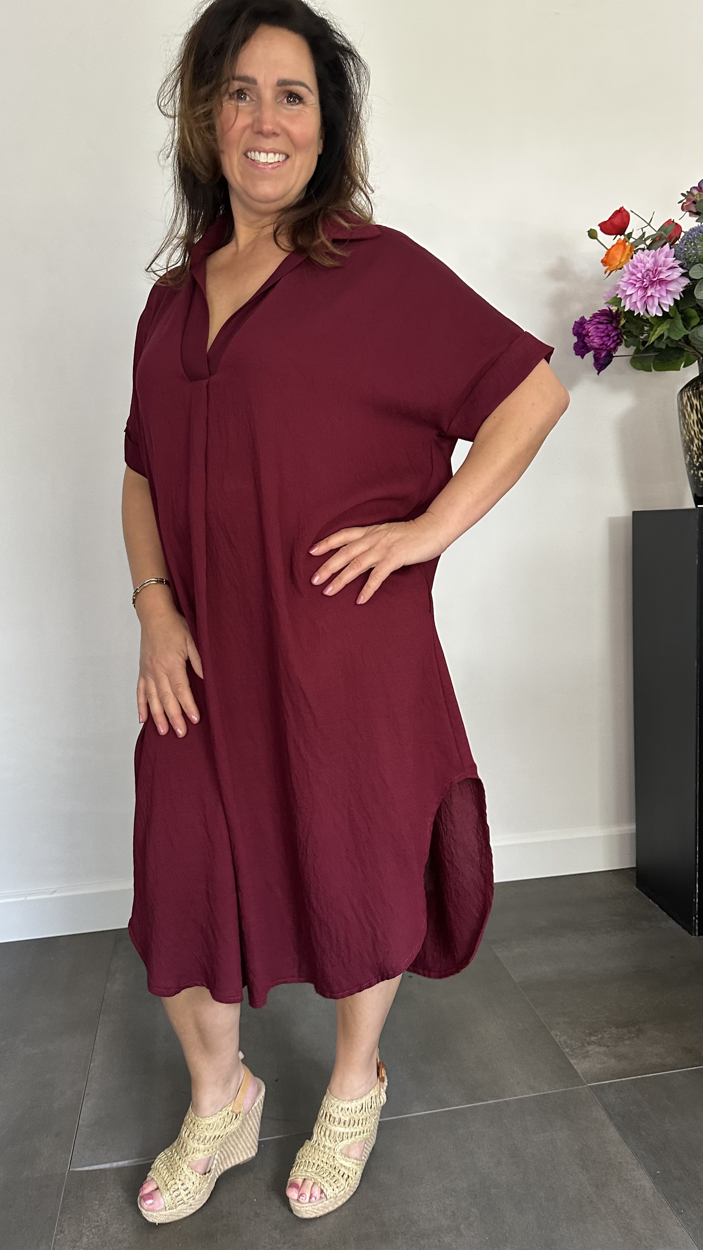 Jurk Leya uni +Size Wijnrood