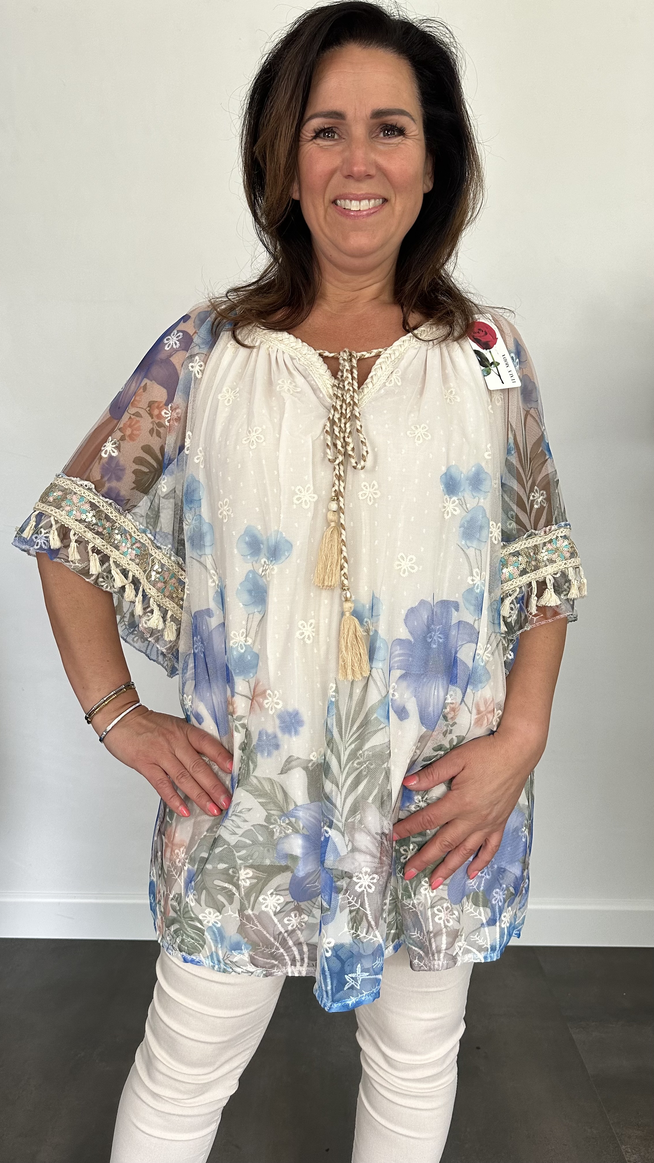 Tule tuniek met bloemen print +SIZE kobalt