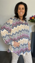Soft shirt met v-hals en pofmouw Zig zag marine/fuchsia