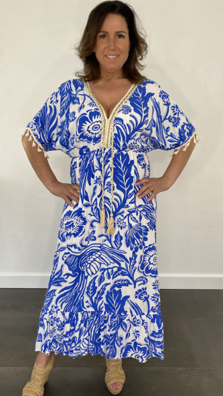 Bijzettafeltje plakband Bijzettafeltje Lange jurk met elastiek gebloemd kobalt | Jurken | SASMODE.NL