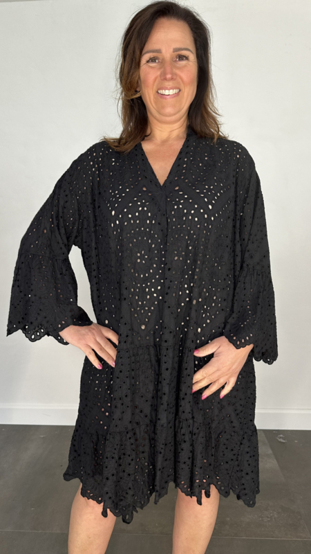 Jurk tuniek broderie met stroken zwart SIZE Jurken Rokken SASMODE.NL