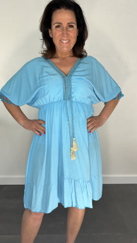 Korte jurk Roxy met elastiek turquoise SALE Jurken Rokken SASMODE.NL