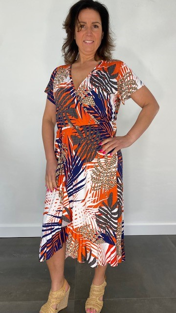Stretch overslag jurk panter palm | Jurken SASMODE.NL
