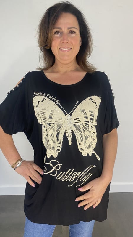 vrouw navigatie Springplank T-shirt vlinder met studs en open schouder zwart | Shirts & Tops |  SASMODE.NL