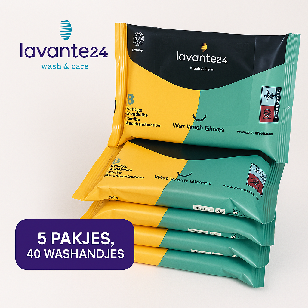 Lavante24 - 40 vochtige frisse washandjes ongeparfumeerd - 5 pak van 8 stuks