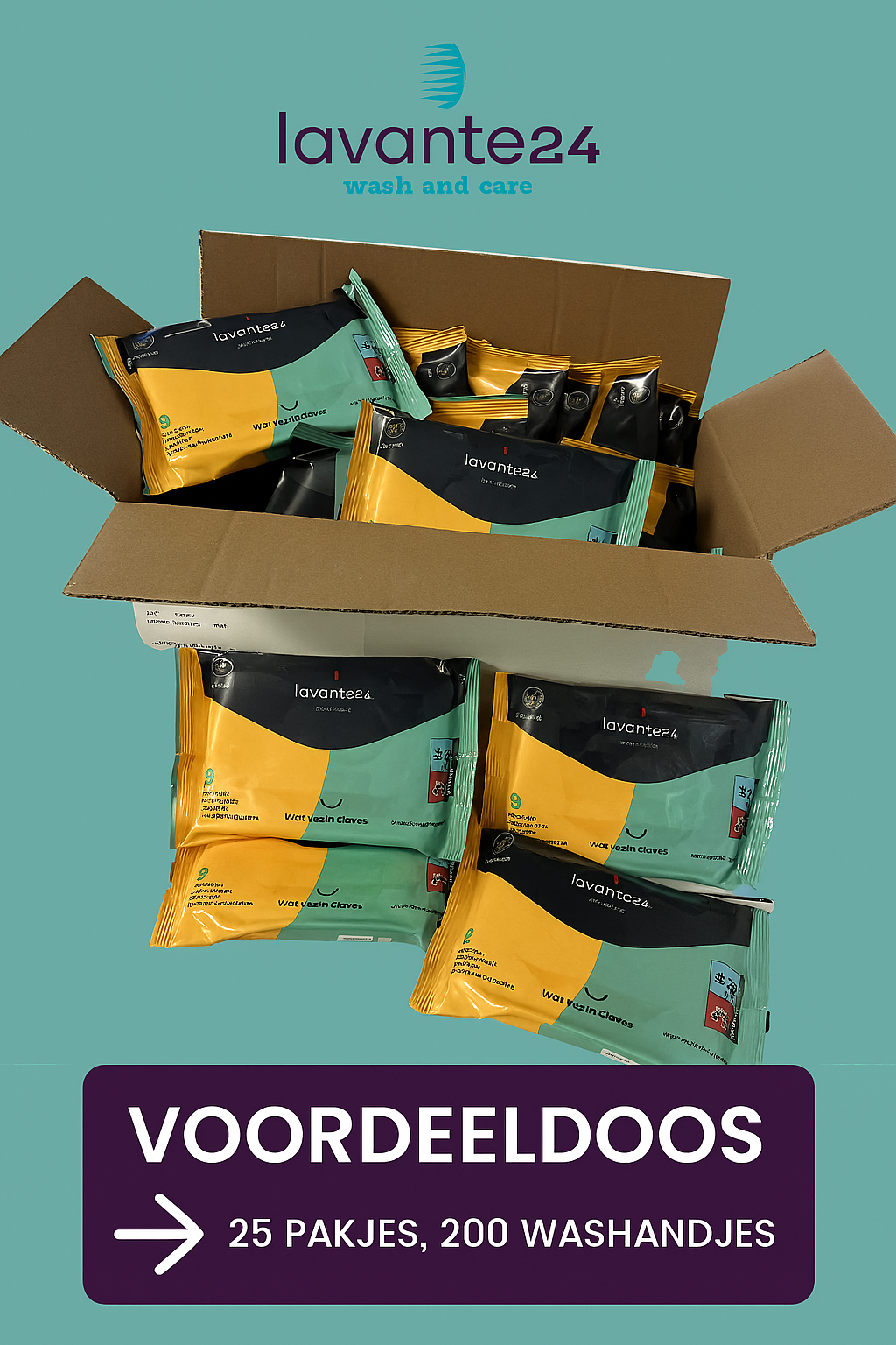 Lavante 24 - voordeeldoos- 200 vochtige washandjes ongeparfumeerd - 25 pakjes van 8 stuks