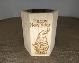 Houten potje, zeshoekig, Happy New Year