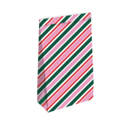 Blokbodemzak M | Strepen roze / groen | 14 x 8 x 26 cm