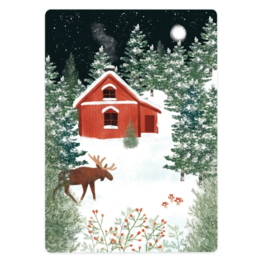 Wenskaart | Kerst | Eland bij rood huisje