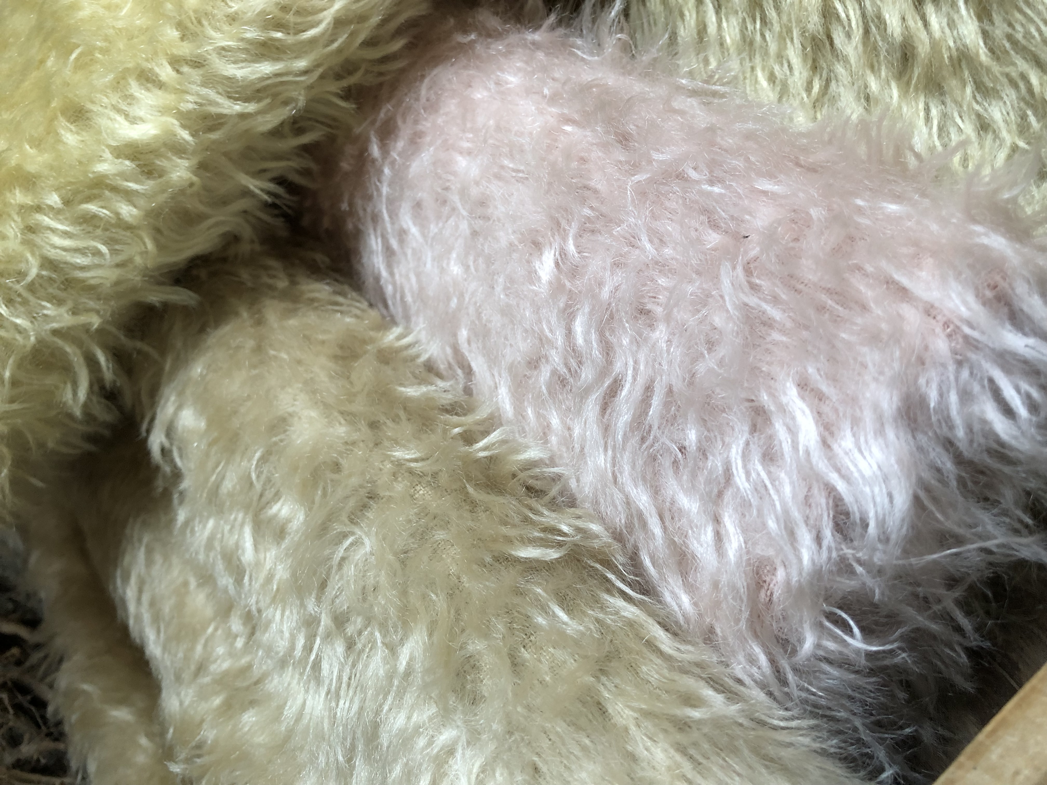 Hand dyed long, a little felted & slightly sparse mohair (24mm pile)