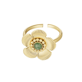 RING BLOEM MET GROENE STEEN - GOUD