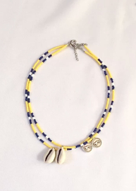 KRALENKETTING BLAUW GEEL - ZILVER