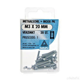 Metaalschroef en moer M3 x 20 mm verz kop