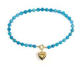 Ketting aqua blauwe amazoniet kralen 10mm  /hart goud