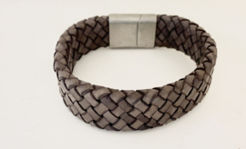 Heren armband gevlochten leer breed grijs